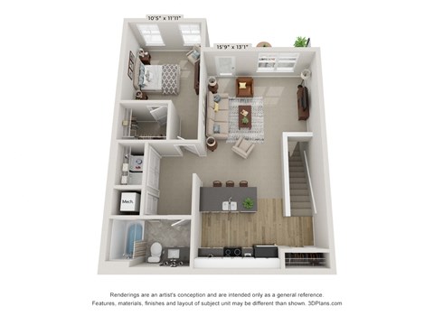 Floor plan for 1 bed, 1 bath, 909 sqft